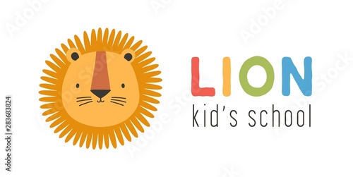 Face or head of amusing lion. Muzzle of cute wild African animal isolated on white background. Vector illustration in flat cartoon style for children t-shirt print, logotype for kids school.