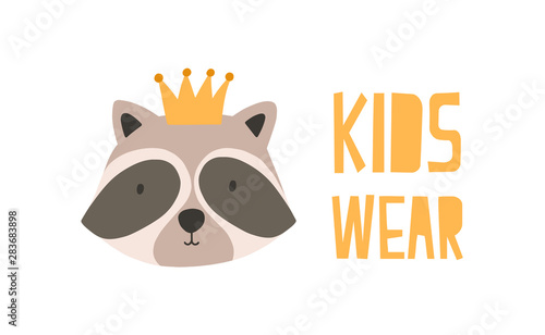 Face or head of adorable raccoon in crown