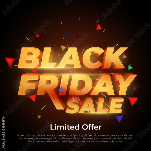 Black Friday Sale. 3d letters numbers gold. Sale and discounts banners. Creative glowing social media banner design. Design element for sale banners, posters, cards. Vector Illustration