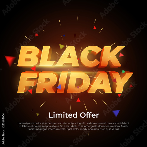 Black Friday Sale label. Discount and promotion banner. 3d inscription with highlights and sparks of gold color. Design element for sale banners, posters, cards. Vector Illustration
