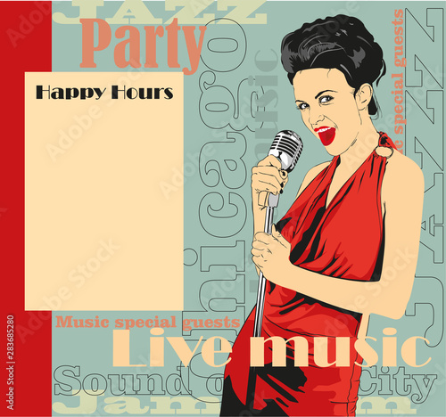 Vintage poster with lady singer red dress. Vector image