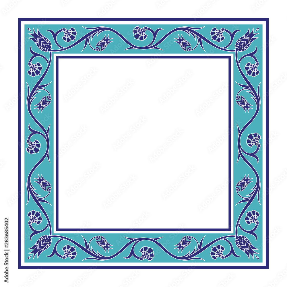 Turkish arabic pattern vector frame. Damask floral tile texture with flowers motifs design. Ottoman iznik ceramic mosaic. Vintage vignette for wedding invitation, greeting card, banner decoration.