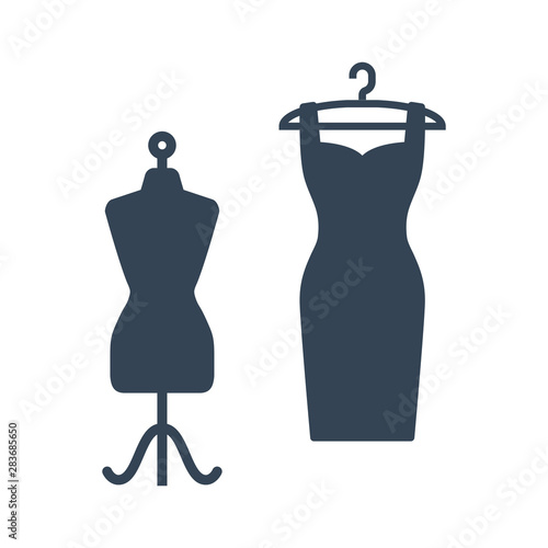 black icon clothes hanger with dress and mannequin