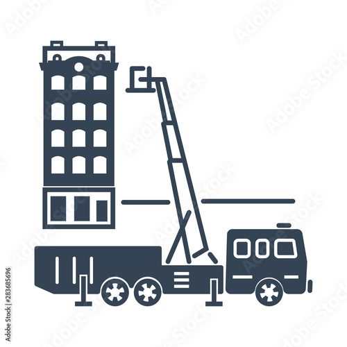 black icon fire truck, aerial ladder, building