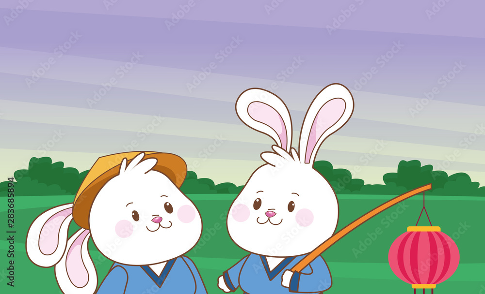 Fototapeta premium Rabbits in mid autumn festival cartoons