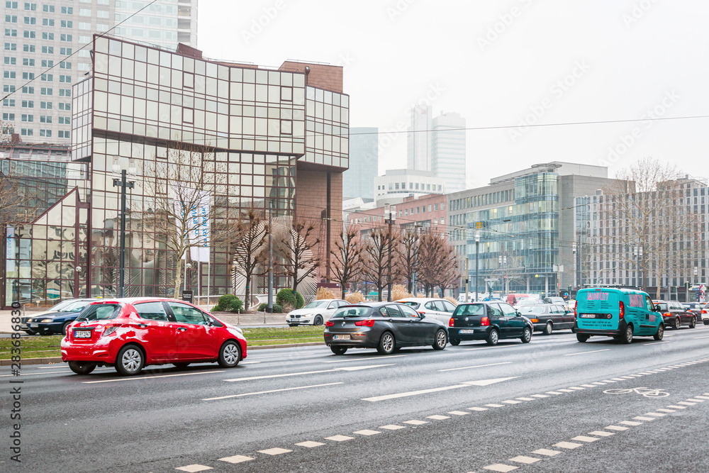 Frankfurt, Germany - June 12, 2019: Street view of Downtown Frankfurt, Germany.