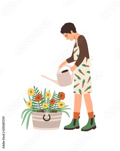 Lovely young smiling woman or gardener taking care of home garden, watering houseplants growing in planters. Portrait of adorable funny girl enjoying her hobby. Flat cartoon vector illustration.