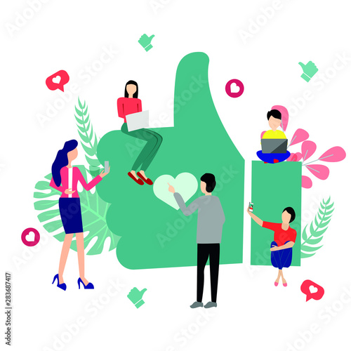 People on the internet are sharing. Communication via the Internet and social networks, news, messages, chats, search for friends, videos. Bright Vector Illustration