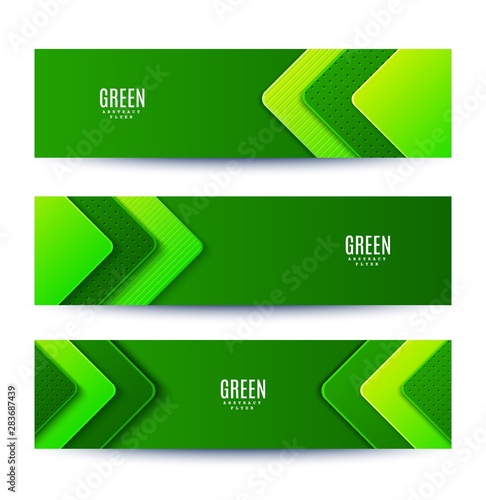 Abstract three green banners with layered angle shapes. Vector flyers minimalist paper cut geometric pattern. Design concept for celebrating card of Earth day, eco flyer.