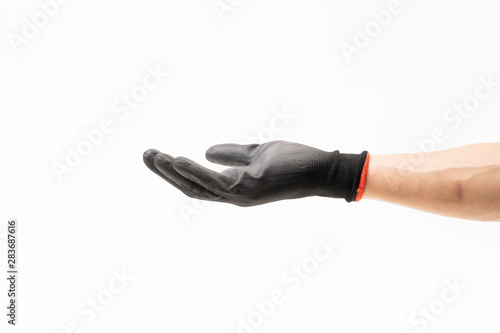 Man hand with black rubber glove on white background