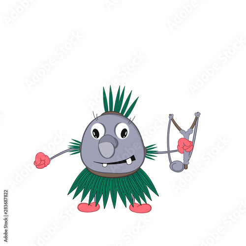 funny cartoon aboriginal Kok with a slingshot stands and smiles.