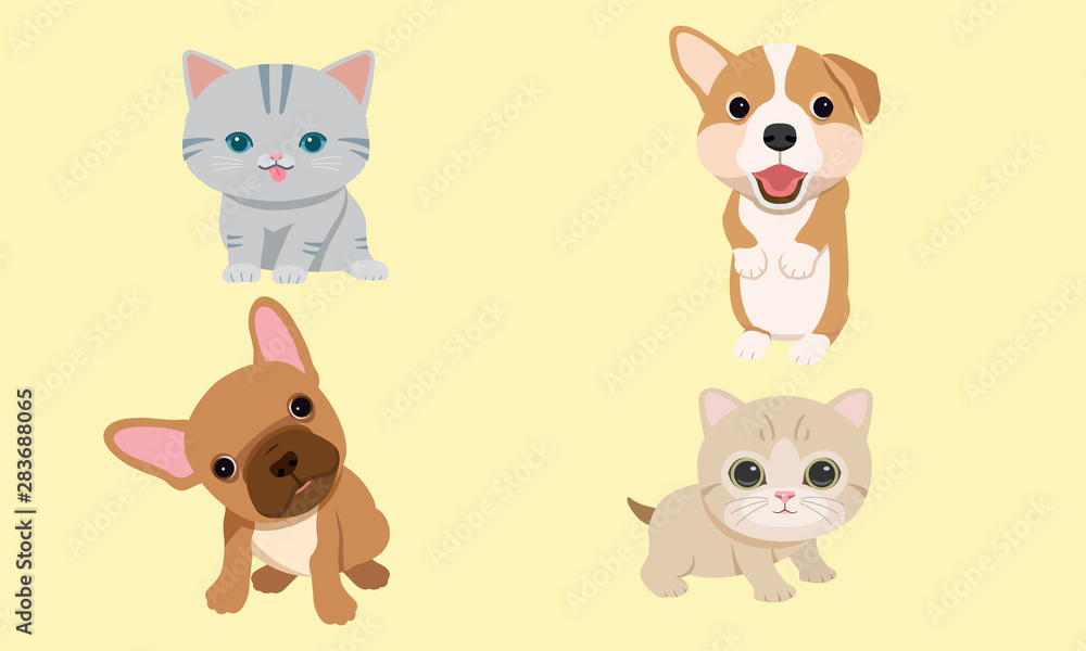 Funny puppies and kittens cute a good friend. Vector illustration