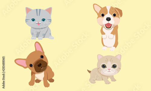 Funny puppies and kittens cute a good friend. Vector illustration