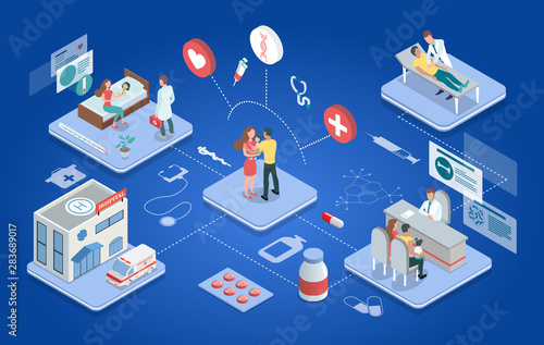 Family medicine concepr. Isometric virtual medical clinic with rooms, patients and doctors: medicine, healthcare and technology concept - Vector illustration