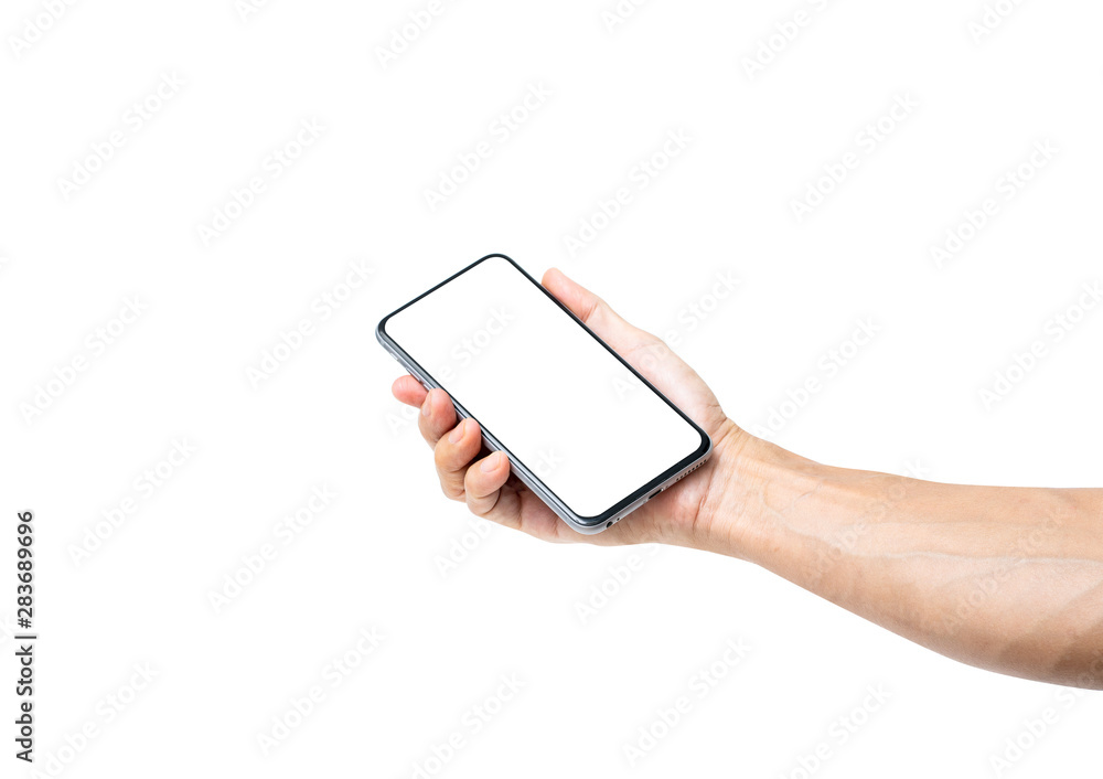 Asian man hand holding blank white screen smartphone isolated on white background. clipping path
