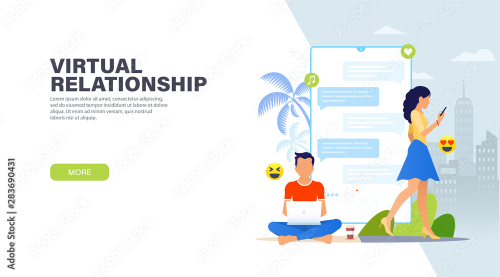 Virtual relationships. Handsome man sitting in lotus position with laptop and chatting with pretty woman with phone. Dating app and virtual relationship. Vector modern landing page. Virtual relationships. Handsome man sitting in lotus position with laptop and chatting with pretty woman with phone. Dating app and virtual relationship. Vector modern landing page.