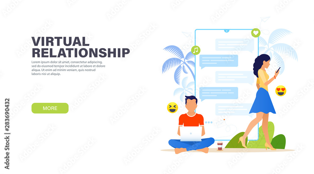 Virtual relationships. Handsome man sitting in lotus position with laptop and chatting with pretty woman with phone. Dating app and virtual relationship. Vector modern landing page. Virtual relationships. Handsome man sitting in lotus position with laptop and chatting with pretty woman with phone. Dating app and virtual relationship. Vector modern landing page.