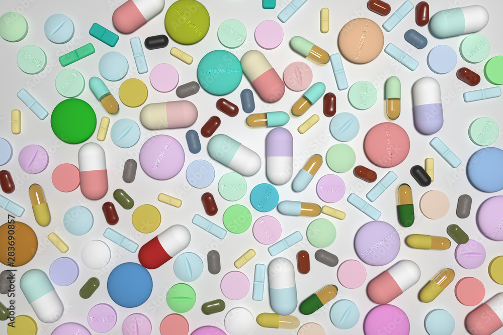 3d rendering of various tablets and pills from top view, with a white background. 3d rendering of various tablets and pills from top view, with a white background.