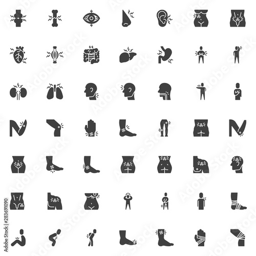 Body ache vector icons set, modern solid symbol collection, filled style pictogram pack. Signs logo illustration. Set includes icons as joint injury, organs pain, headache, illness symptoms, eye sore