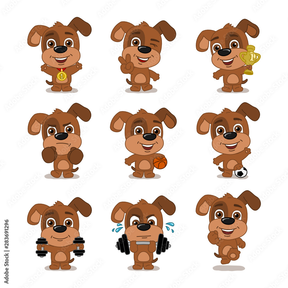 Fototapeta premium Set of puppy dog athlete in different sports and with prizes isolated on white background