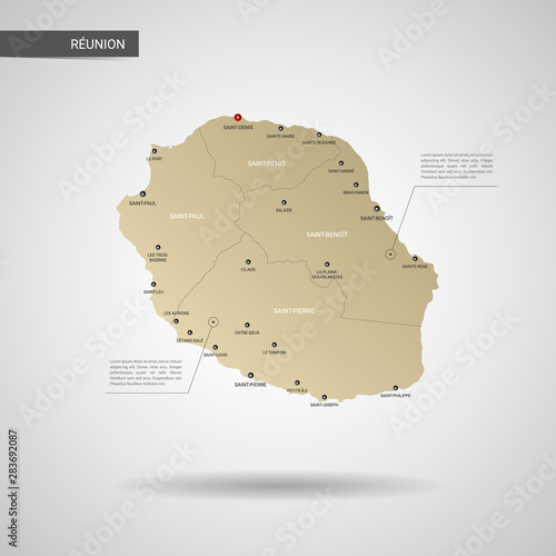 Stylized vector Reunion map.  Infographic 3d gold map illustration with cities, borders, capital, administrative divisions and pointer marks, shadow; gradient background. 