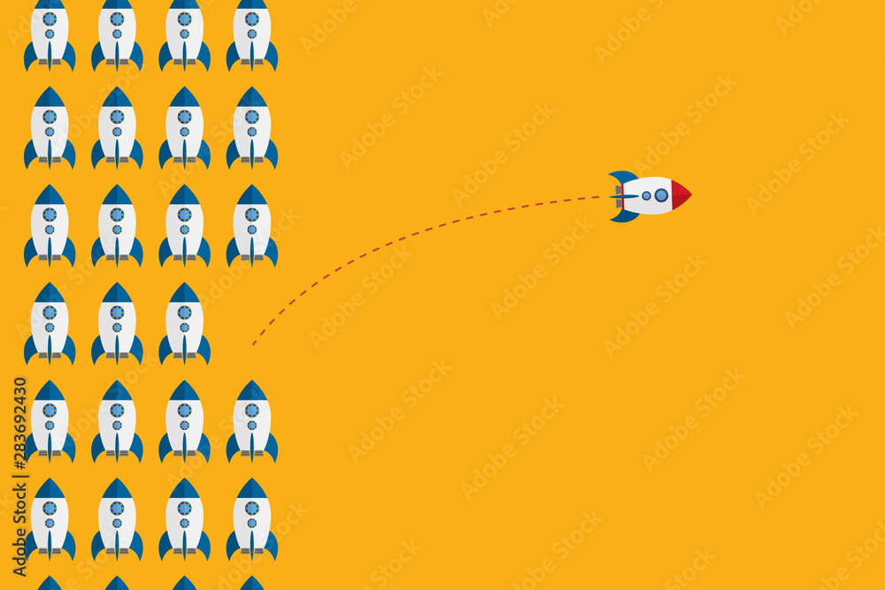 Naklejka premium Think differently concept. Be different. Red rocket changing direction. New idea, change, trend, courage, creative solution, innovation and unique way concept.