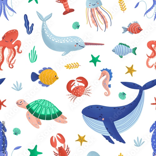 Photography Seamless pattern with funny marine animals or underwater creatures living in oce