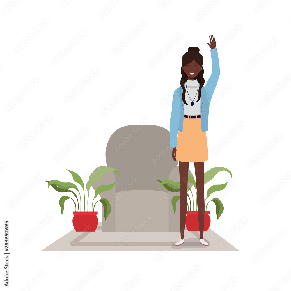 young woman standing with sofa in white background young woman standing with sofa in white background