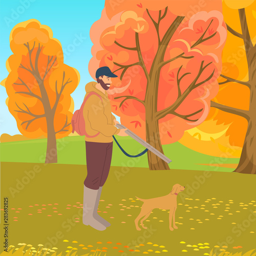 Man hunting with dog in forest, hobby or leisure. Side and full length view of smiling huntsman wearing casual clothes and backpack holding weapon vector. Hunter in forest