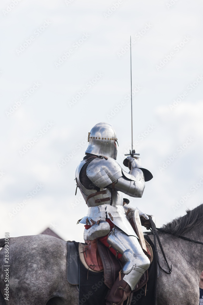 Fototapeta premium A man knight riding a horse holding a sword
