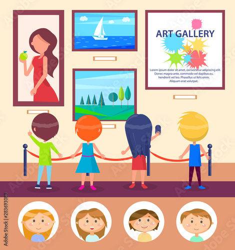 Art gallery, school children at excursion watching picture exhibition vector. Landscape and seascape or portrait, girls and boys, education and culture