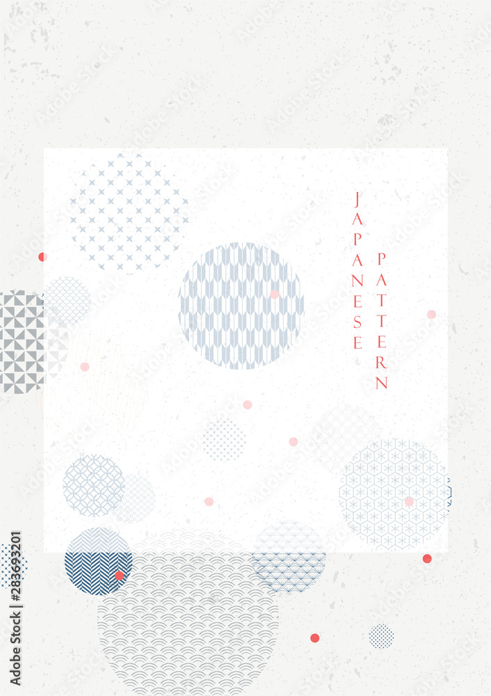 Circle elements and Japanese pattern vector. Geometric template with grunge texture.