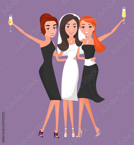 Bride in white wedding dress and bridal veil with girlfriends drinking champagne and celebration. Bridesmaids at hen party or bachelorette vector