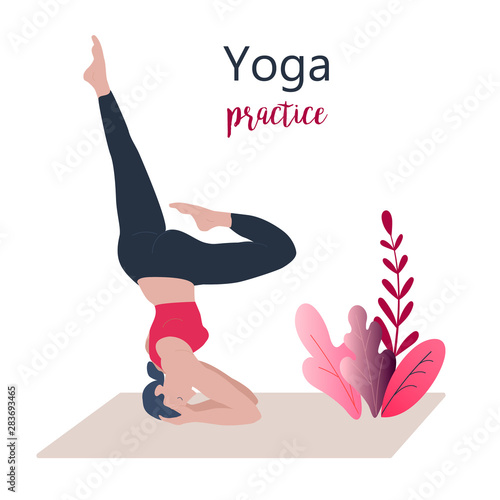 Yoga girl vector illustration. Yong women doing yoga upside down pose, meditation and asana. Different poses of yoga, exercises for healthy lifestyle. Slim healthy lifestyle girls. Workout at home.