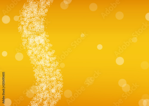 Splash beer. Background for craft lager. Oktoberfest foam. Pale pint of ale with realistic white bubbles. Cool liquid drink for pub menu template. Orange bottle with splash beer.