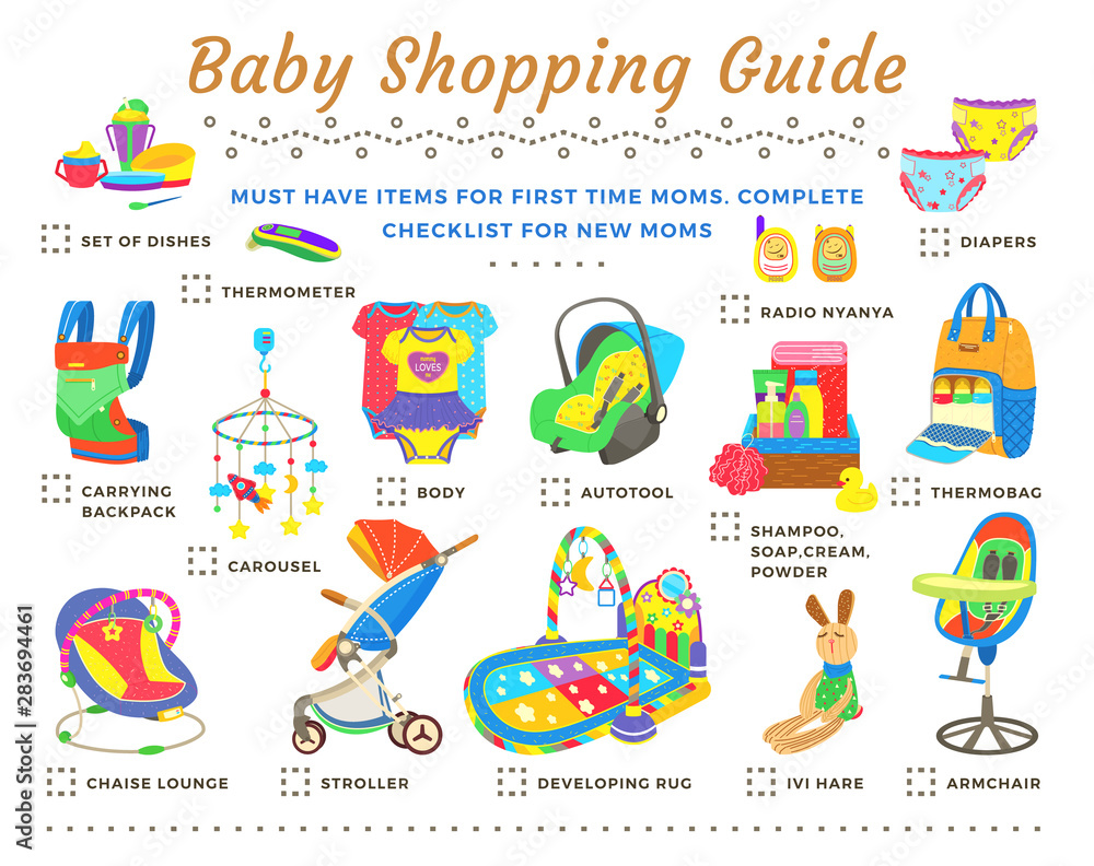 Baby shopping guide. Items for first time moms. Colorful complete checklist for new mommies. Developing rug, radio nyanya, carrying bag, stroller vector. Objects for newborn baby. Guide for new mother