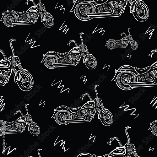 Biker motorcycles on black seamless