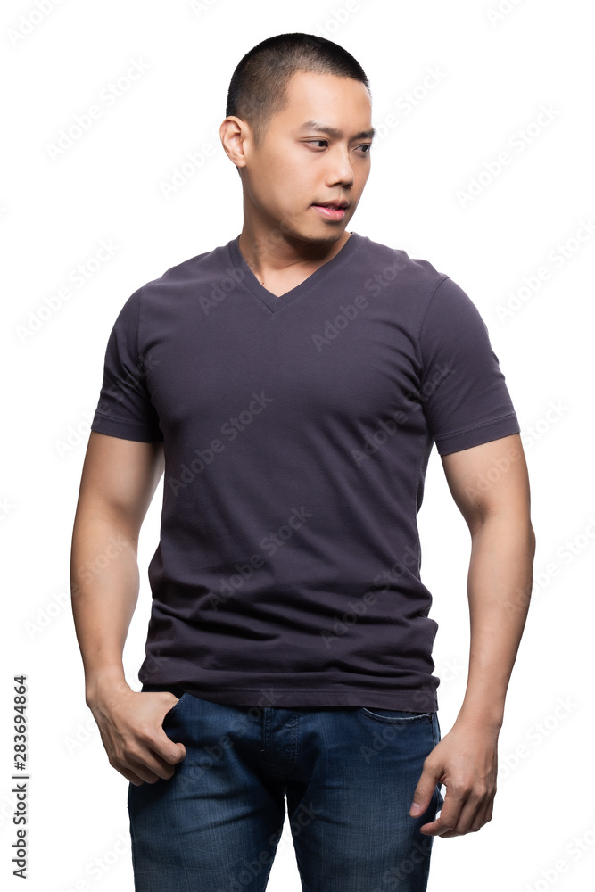 Fototapeta premium Grey on asian model for v-neck tshirt blank mockup template in your clothing design.