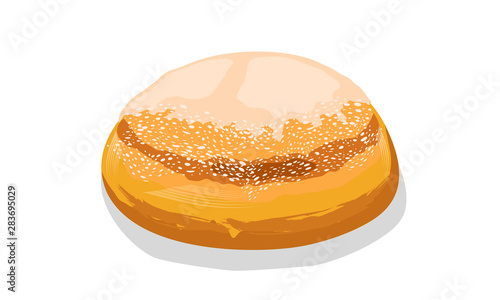 Round wheat loaf of bread with crackling crust and topping. Baked cereal rustic product. Big soft and fluffy dinner roll. Cartoon vector illustration isolated on white for recipe, menu, packing.