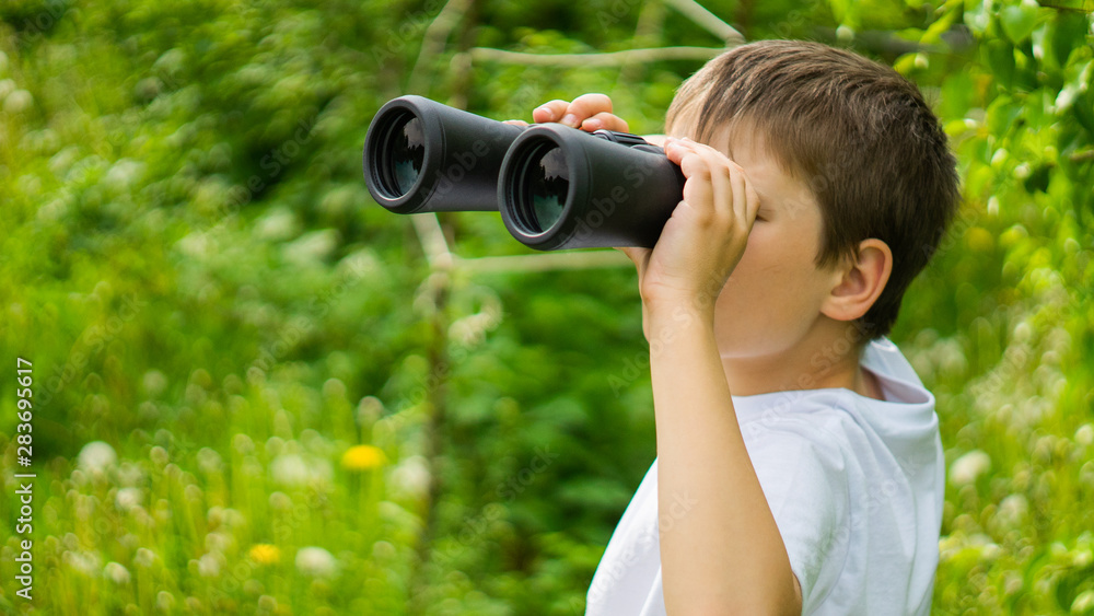 curious boy looks for wildlife through binoculars. Exploring the world. Summer holidays. Outdoor activities.