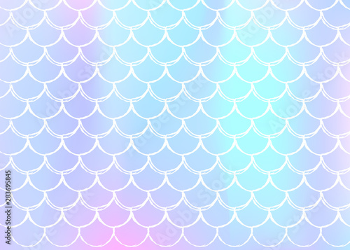 Mermaid scales background with holographic gradient. Bright color transitions. Fish tail banner and invitation. Underwater and sea pattern for girlie party. Plastic backdrop with mermaid scales.