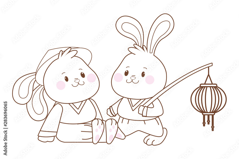 Rabbits in mid autumn festival cartoons in black and white Rabbits in mid autumn festival cartoons in black and white