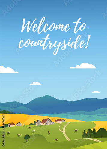 Vector flat landscape illustration of summer countryside nature view: sky, mountains, cozy village houses, cows, fields and meadows. For farm product packaging, sticker design, banner, flayer etc.