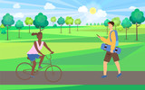 Woman sitting on bicycle, man holding skateboard and phone, skateboarder and bicyclist in park, sunny weather and green plants, activity outdoor vector