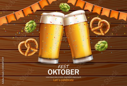 Beer mugs banner October fest Vector realistic. Fresh sparkling beer with pretzel wooden background. 3d detailed illustration templates