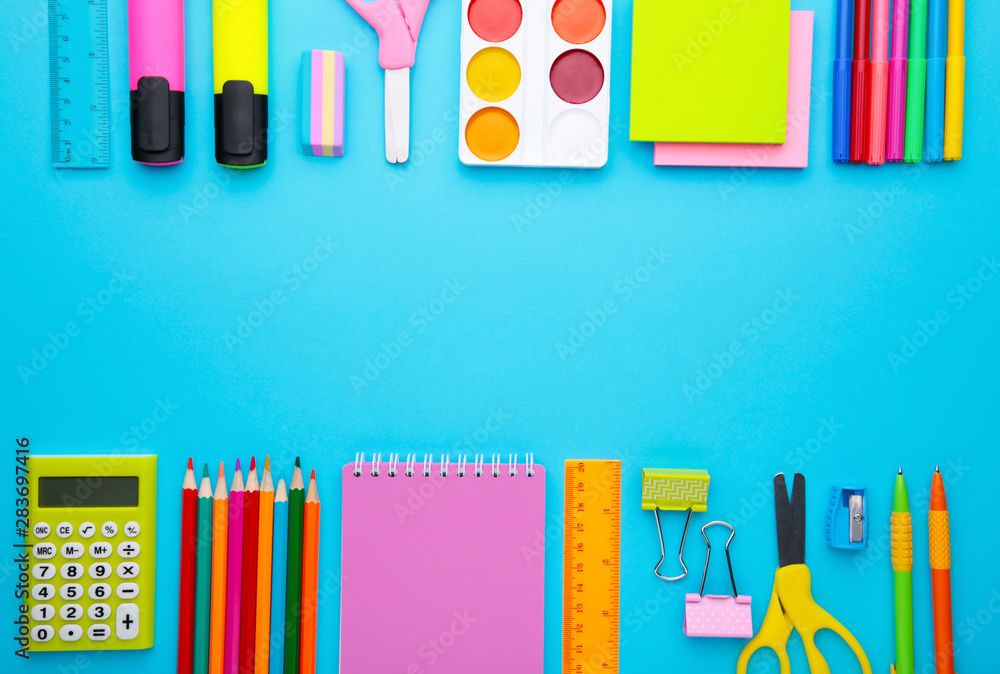 Back to school concept on blue background with copy space. Education concept