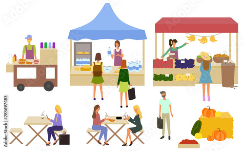 Vendor selling organic farm products. Street food stall, kiosk. Outdoor cafe. People eating hot dogs and coffee. Marketplace concept vector illustration