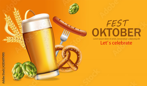 Beer mugs banner October fest Vector realistic. Fresh sparkling beer with pretzel. 3d detailed illustration templates