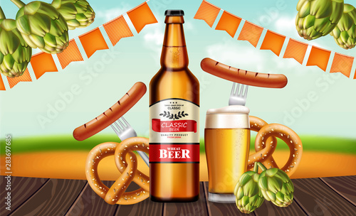 Beer bottle and pretzel Vector realistic. Fresh drink product placement. Labe...