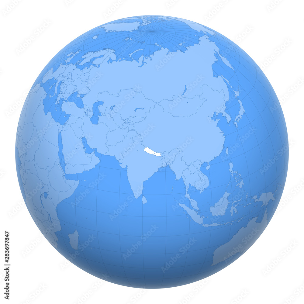 Nepal on the globe. Earth centered at the location of Federal Democratic Republic of Nepal. Map of Nepal. Includes layer with capital cities.